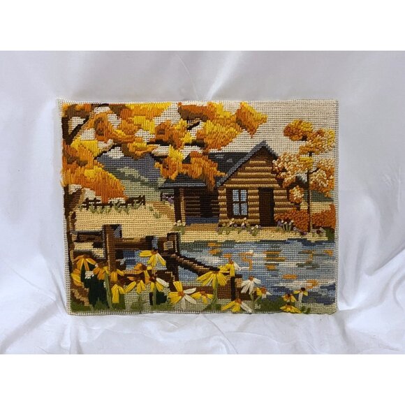 Vintage Finished Crewel Cabin in the Meadow Handmade Sunset Designs Fall Leaves - Picture 2 of 8
